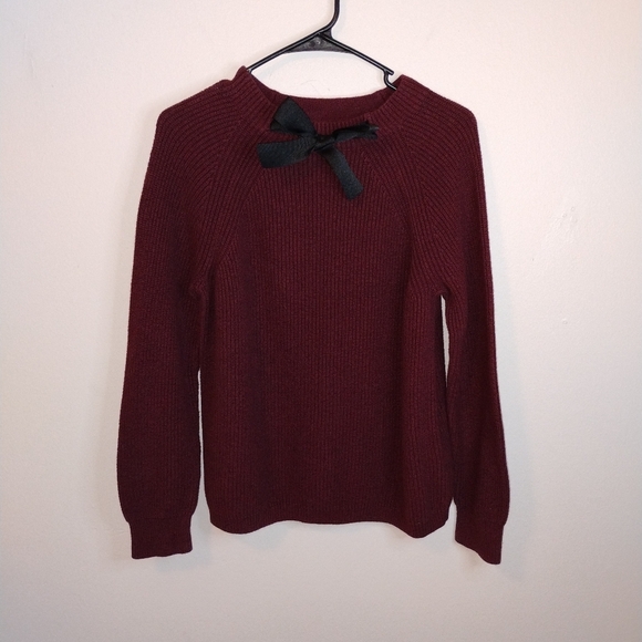 J. Crew Marcantile Burgundy/Maroon Knit Sweater w/ Black Bow 10% Wool Women's M - Picture 1 of 14
